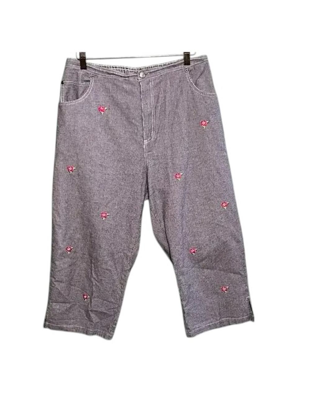Quacker Factory Houndstooth Capri Pants Rose Embroidered Large Cotton
